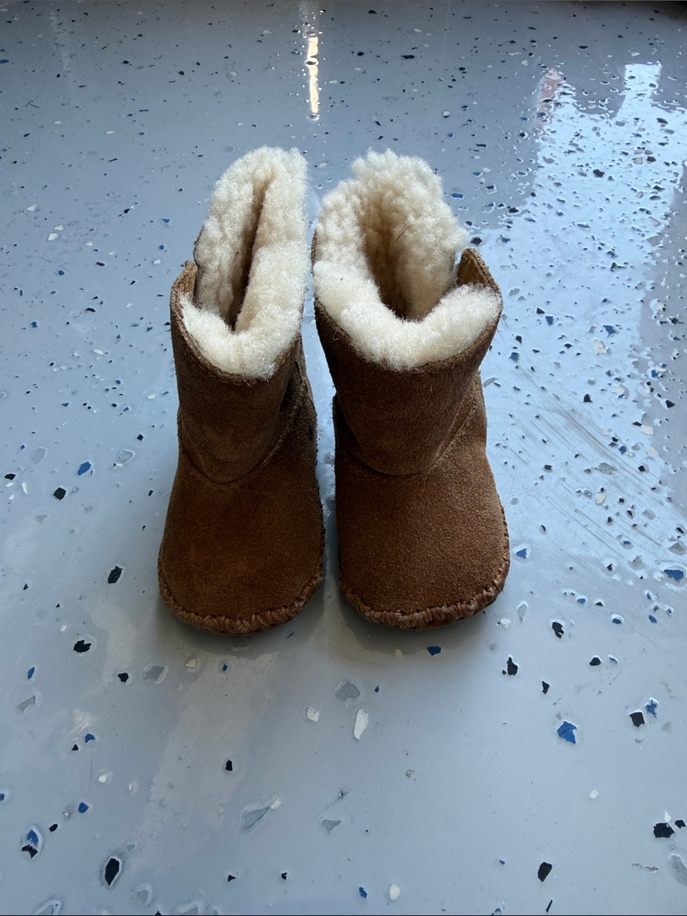 UGG Brown Suede Baby Booties with Cream Shearling Lining